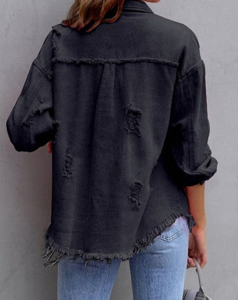 CASUAL DENIM JACKET WITH LAPEL RAW EDGE RIPPED BLACK