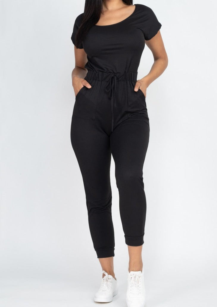 SHORT SLEEVE SHOULDER DRAWSTRING JUMPSUIT BLACK