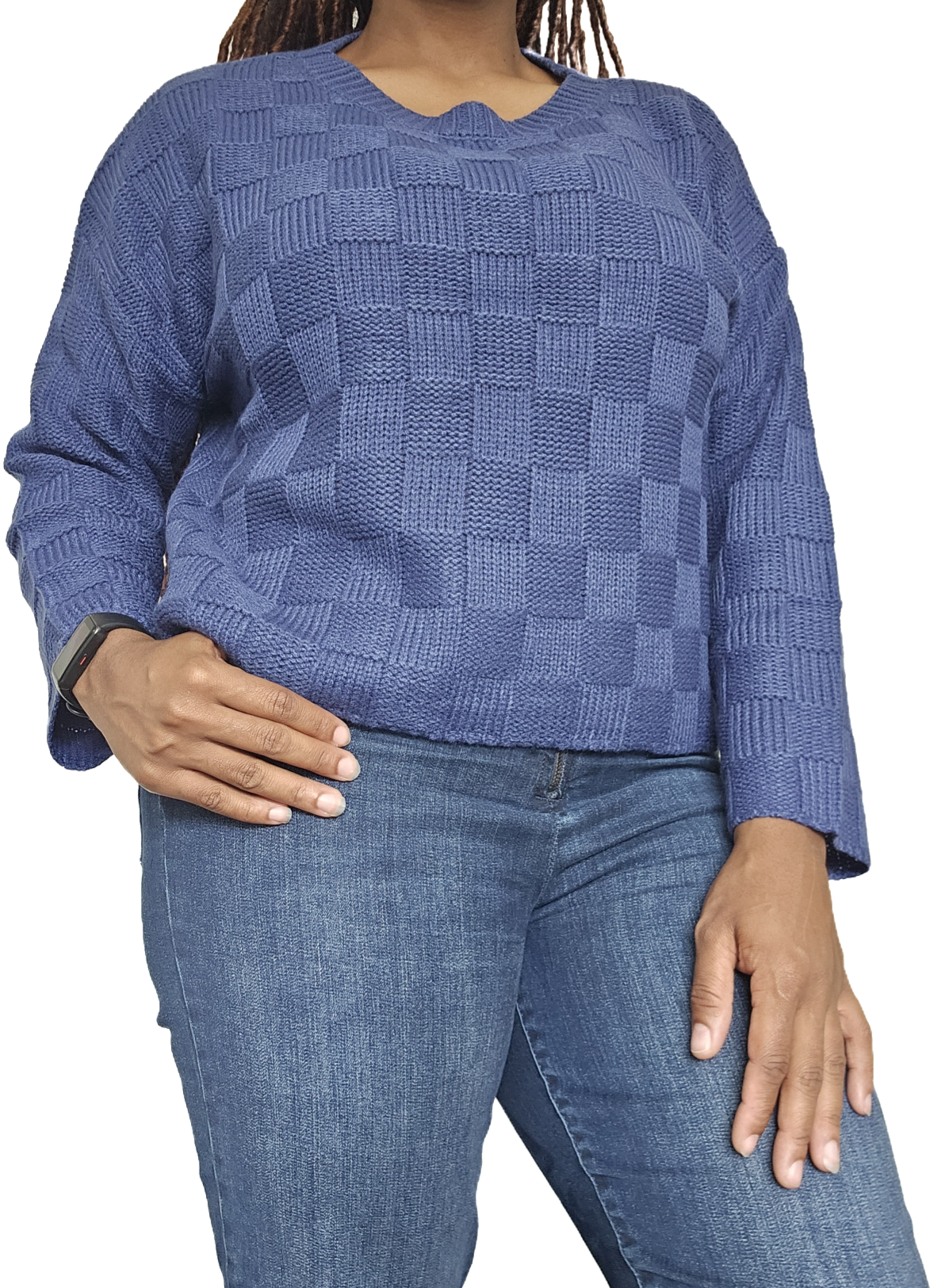 GRID SQUARE BLOCK KNIT PULLOVER SWEATER BLUE