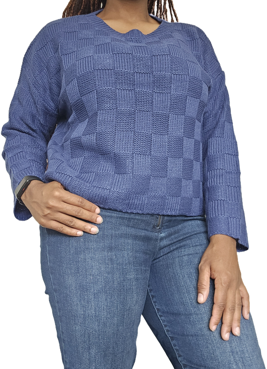 GRID SQUARE BLOCK KNIT PULLOVER SWEATER BLUE