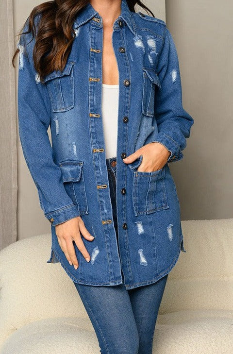 LONG SLEEVE DENIM BUTTON UP DISTRESS FRONT POCKET JACKET