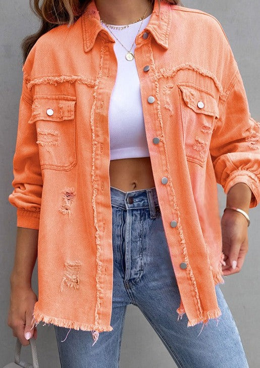 CASUAL DENIM JACKET WITH LAPEL RAW EDGE RIPPED ORANGE