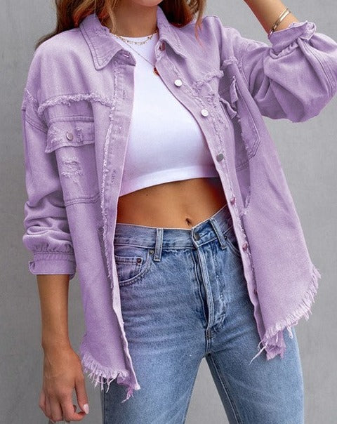 CASUAL DENIM JACKET WITH LAPEL RAW EDGE RIPPED LIGHT PURPLE