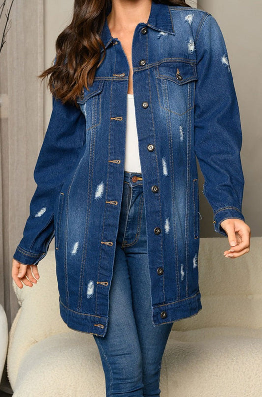 LONG SLEEVE DENIM BUTTON UP DISTRESS DRESS JACKET