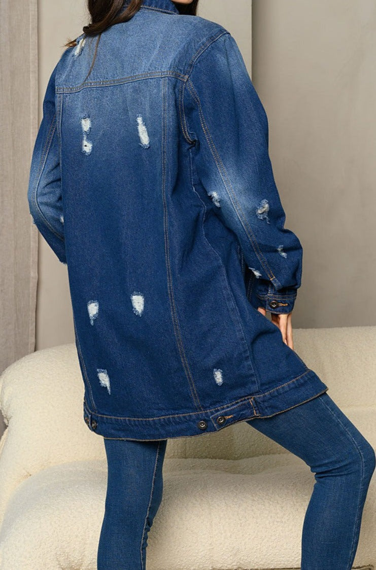 LONG SLEEVE DENIM BUTTON UP DISTRESS DRESS JACKET