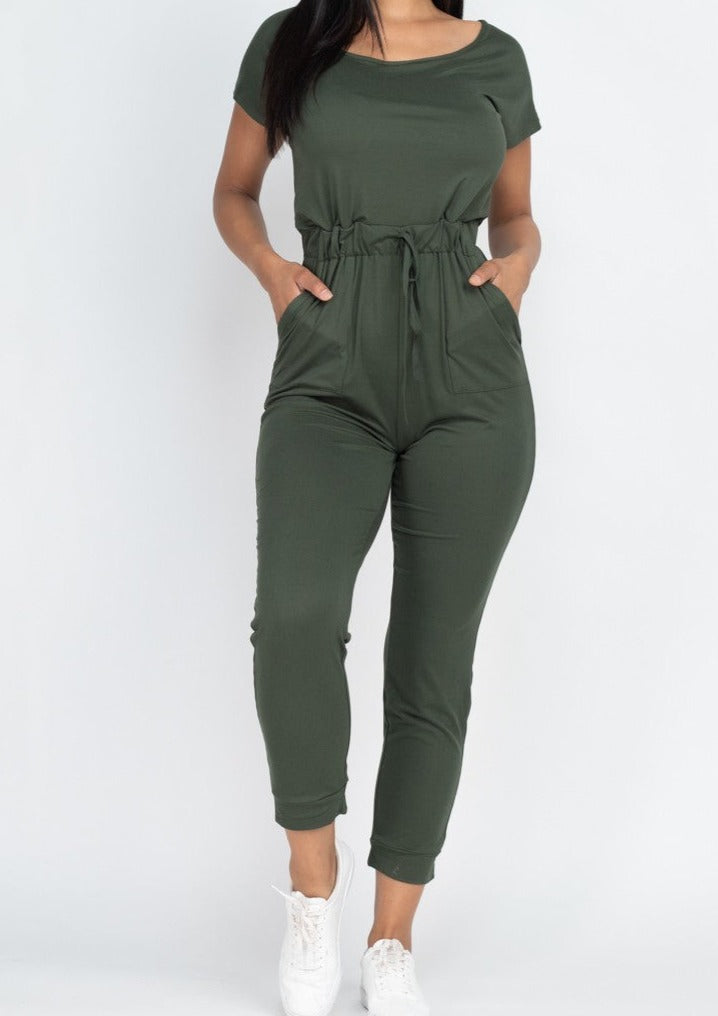 SHORT SLEEVE SHOULDER DRAWSTRING JUMPSUIT OLIVE