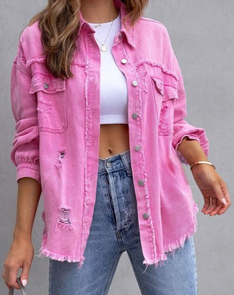 CASUAL DENIM JACKET WITH LAPEL RAW EDGE RIPPED PINK