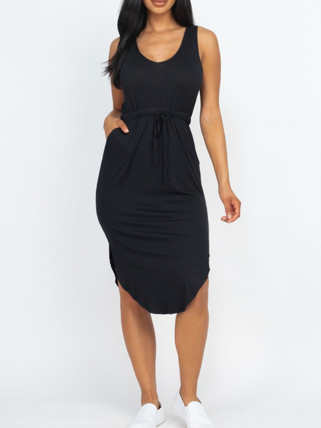 Drawstring Midi Sleeveless Dress With Pockets