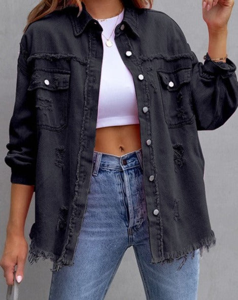 CASUAL DENIM JACKET WITH LAPEL RAW EDGE RIPPED BLACK