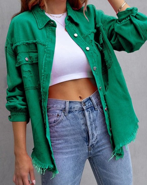 CASUAL DENIM JACKET WITH LAPEL RAW EDGE RIPPED GREEN